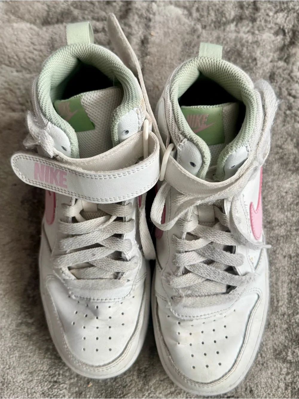 Nike White Sneakers with Pink Swoosh and Mint Lining